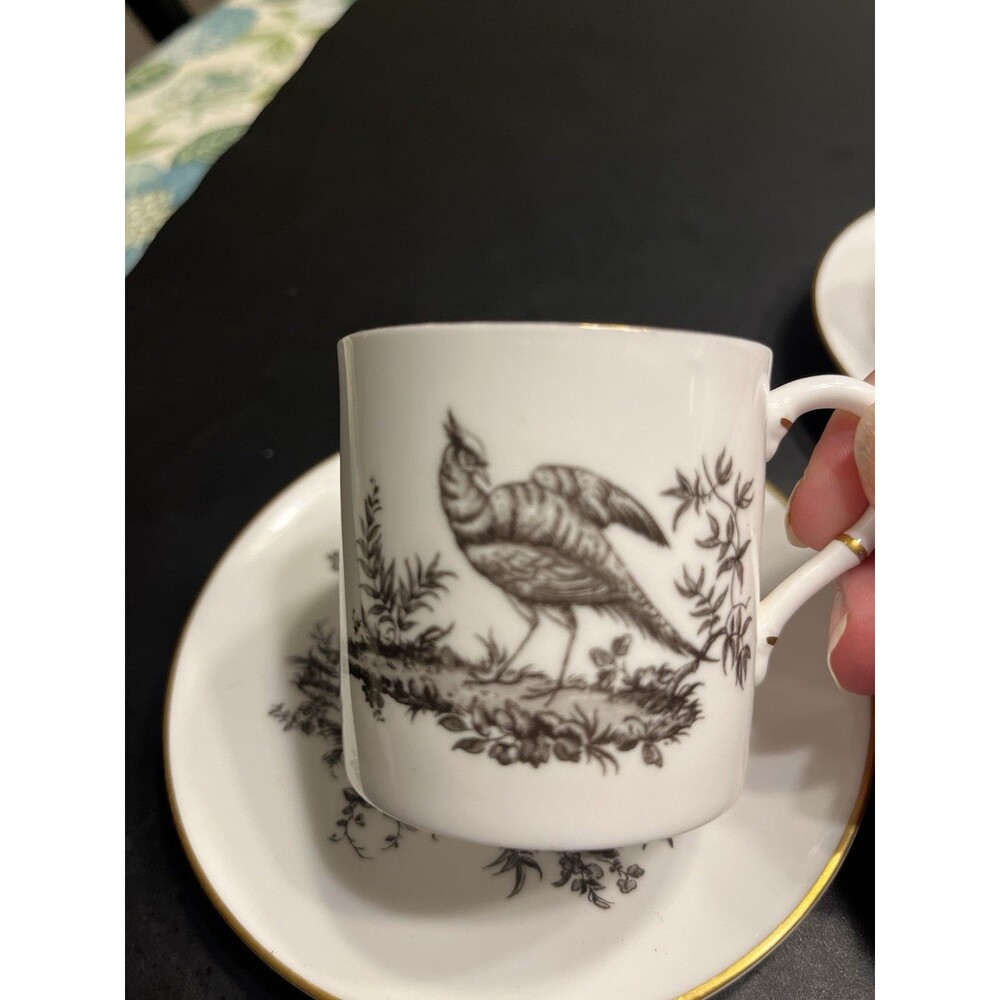 Pair Wedgwood Pheasant Black & White Espresso Demitasse Cups & Saucers England